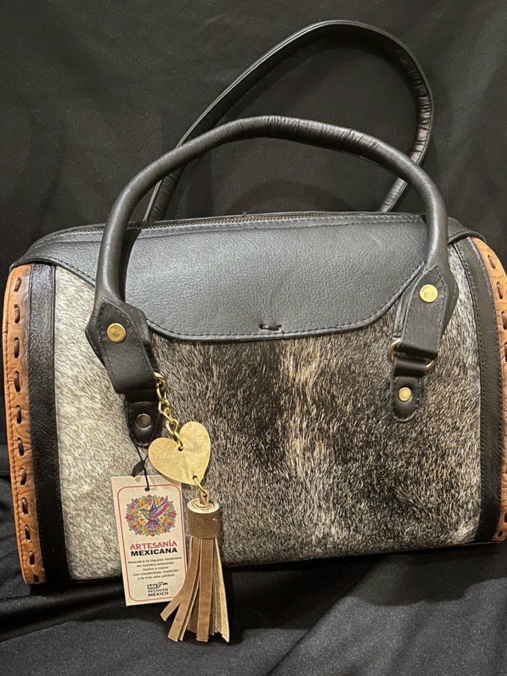 Handcrafted Black and Brown Haircalf Satchel with Tassel Charm